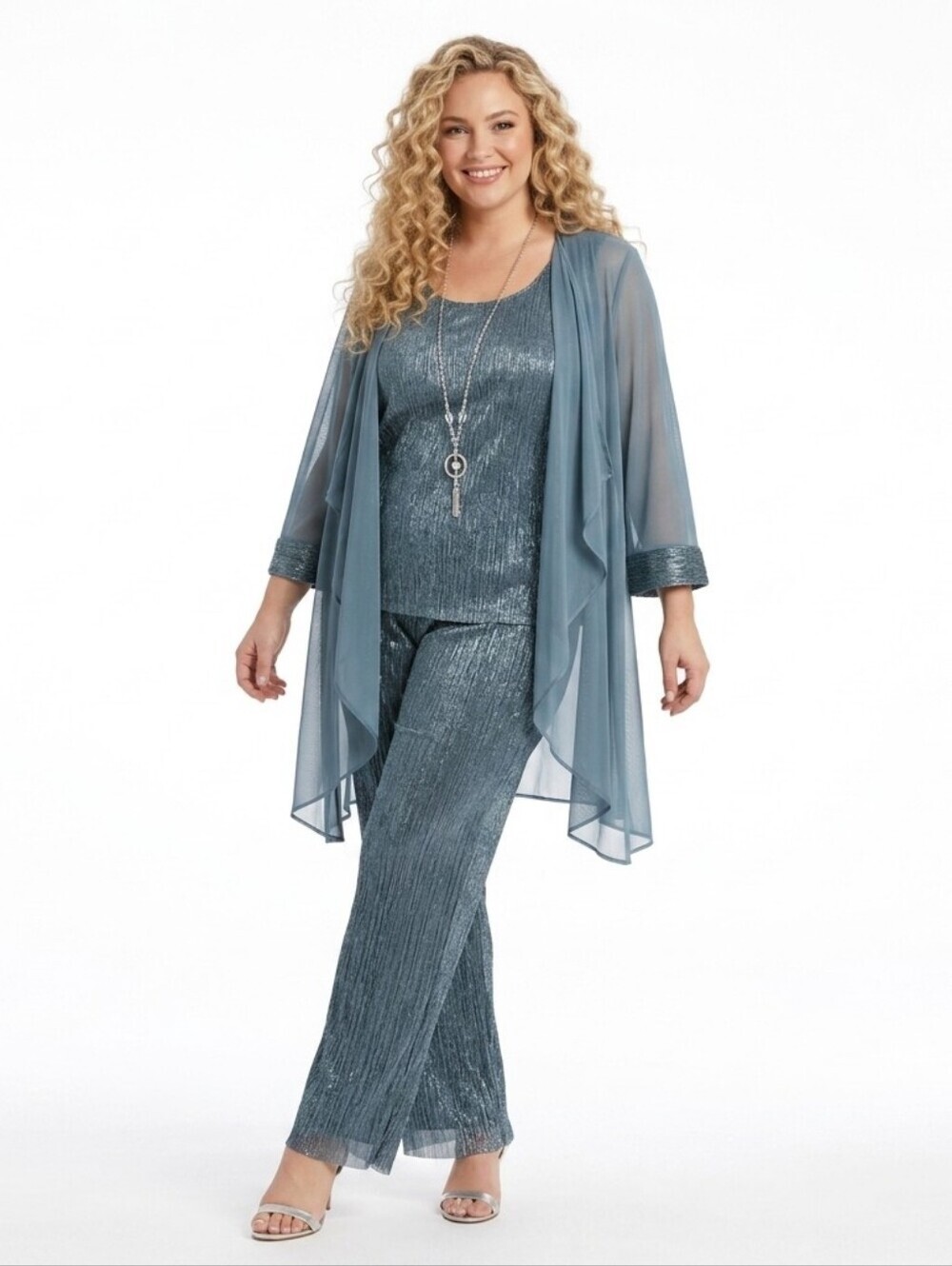 R&M Richards 3 Pc Pant Suit Set Size 12 Teal Metallic Tank Pants Chiffon Jacket